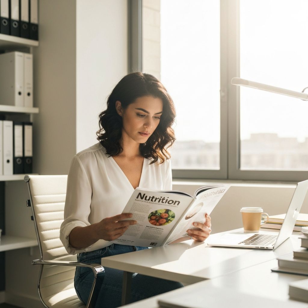 Eine Person liest einen Artikel und notiert sich Informationen zur Ernährung