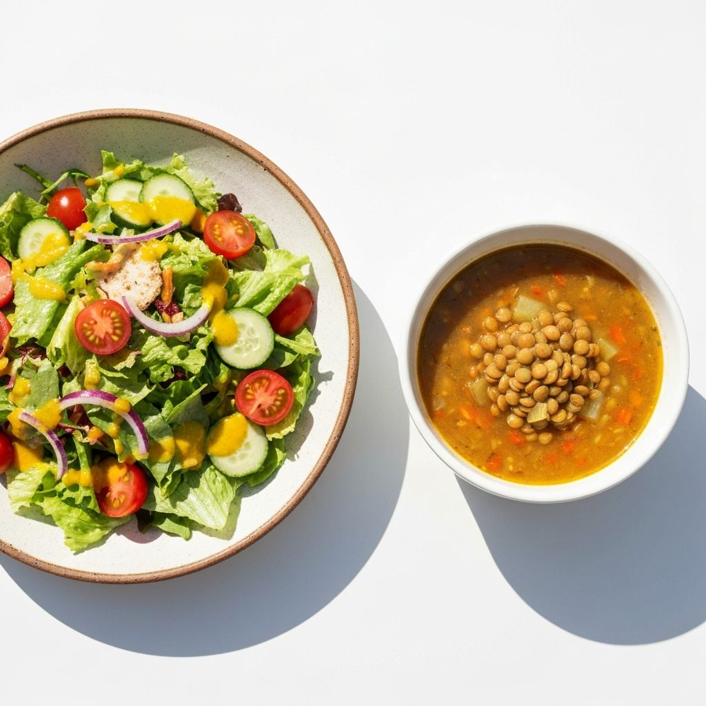 Eine Schüssel mit frischem Salat neben einer warmen Suppe in einer Schale