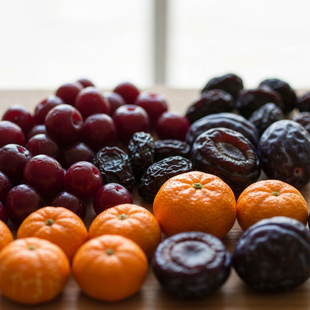 Verschiedene Snack-Optionen: Nüsse, Obst und Joghurt auf einem hellen Untergrund