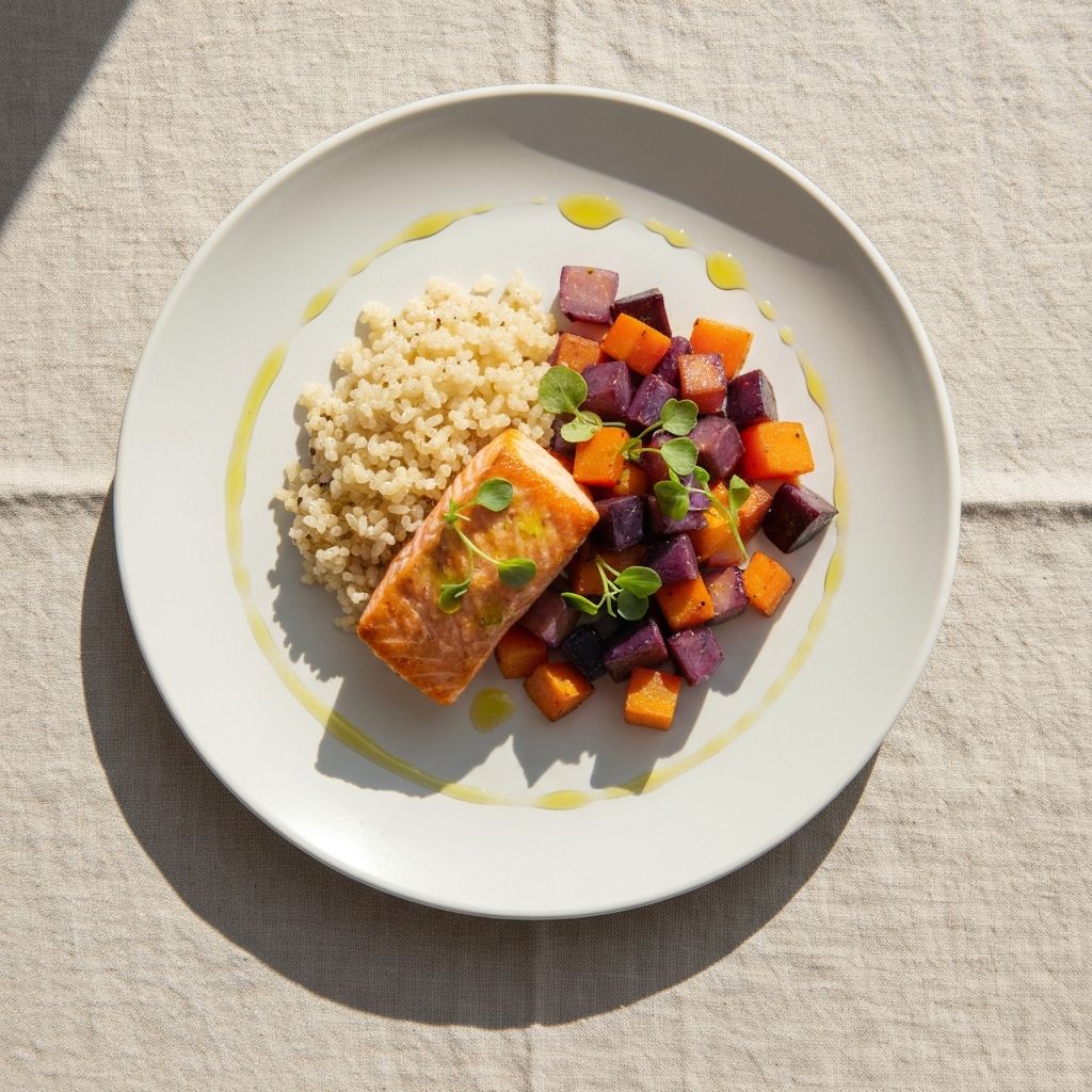 Ein schön angerichteter Teller mit verschiedenen Komponenten: Basis, Proteine, Gemüse und Geschmack nebeneinander